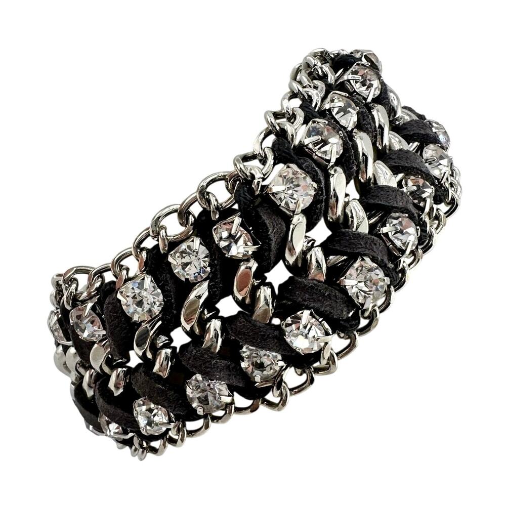 Premier Designs Chunky Rhinestone Gray Braided Leather Silver Tone Bracelet
